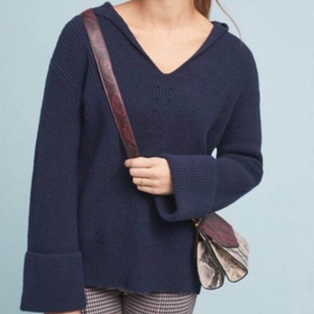 Anthropologie Womens navy stitched chunky knit v neck hooded sweatshirt M
